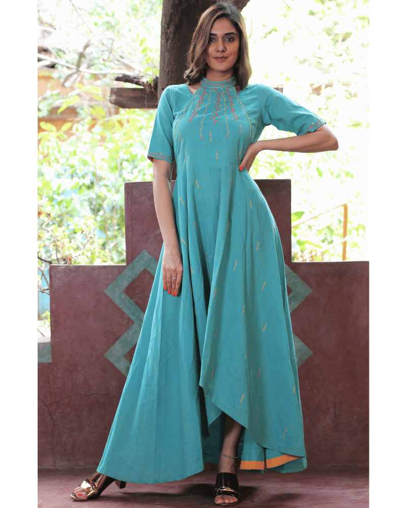 Green Embroidered High-Low Women’s Dress