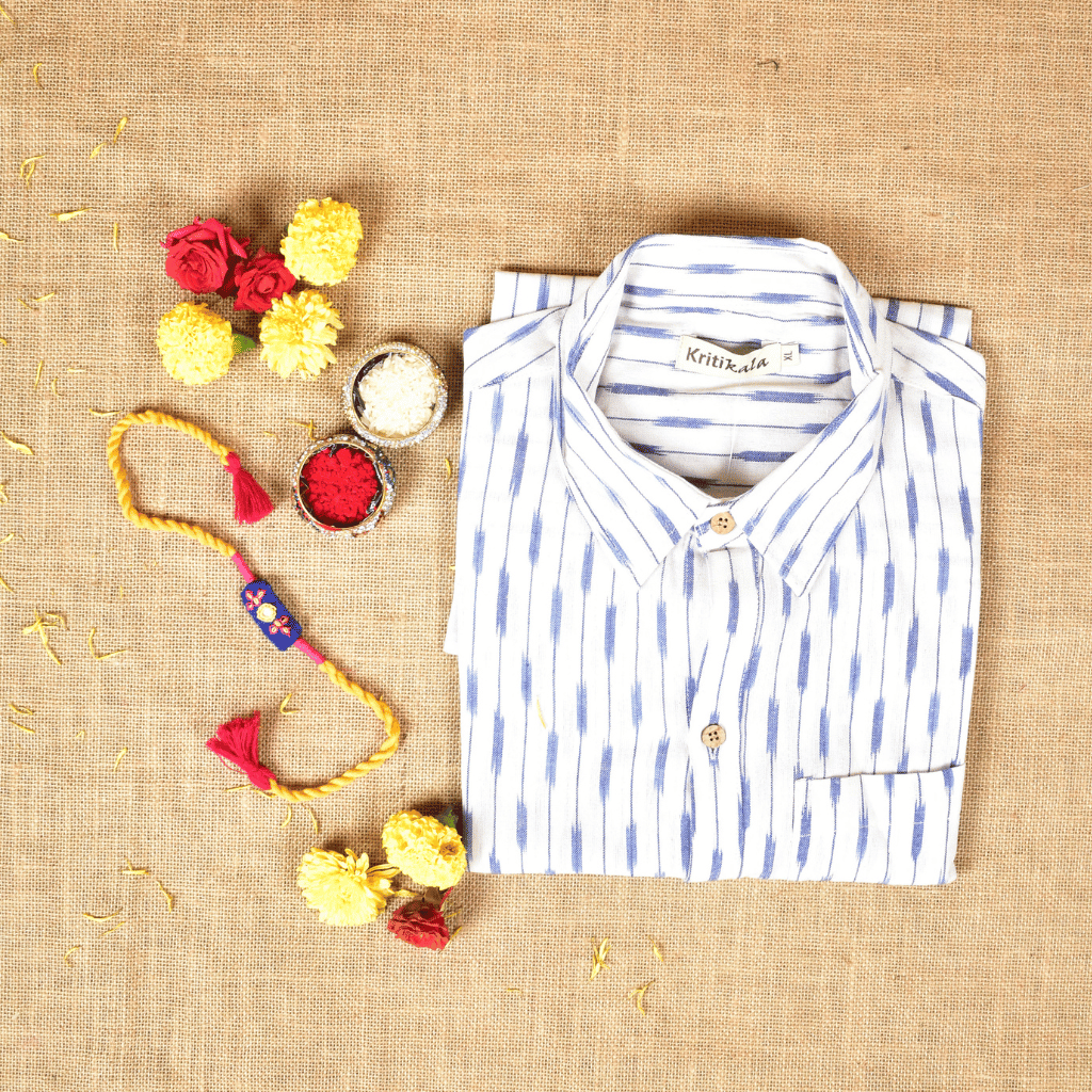 Raksha Bandhan Gift Combo – Handcrafted Blue Rakhi with Men's Handloom Cotton Shirt