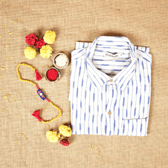 Raksha Bandhan Gift Combo – Handcrafted Blue Rakhi with Men's Handloom Cotton Shirt