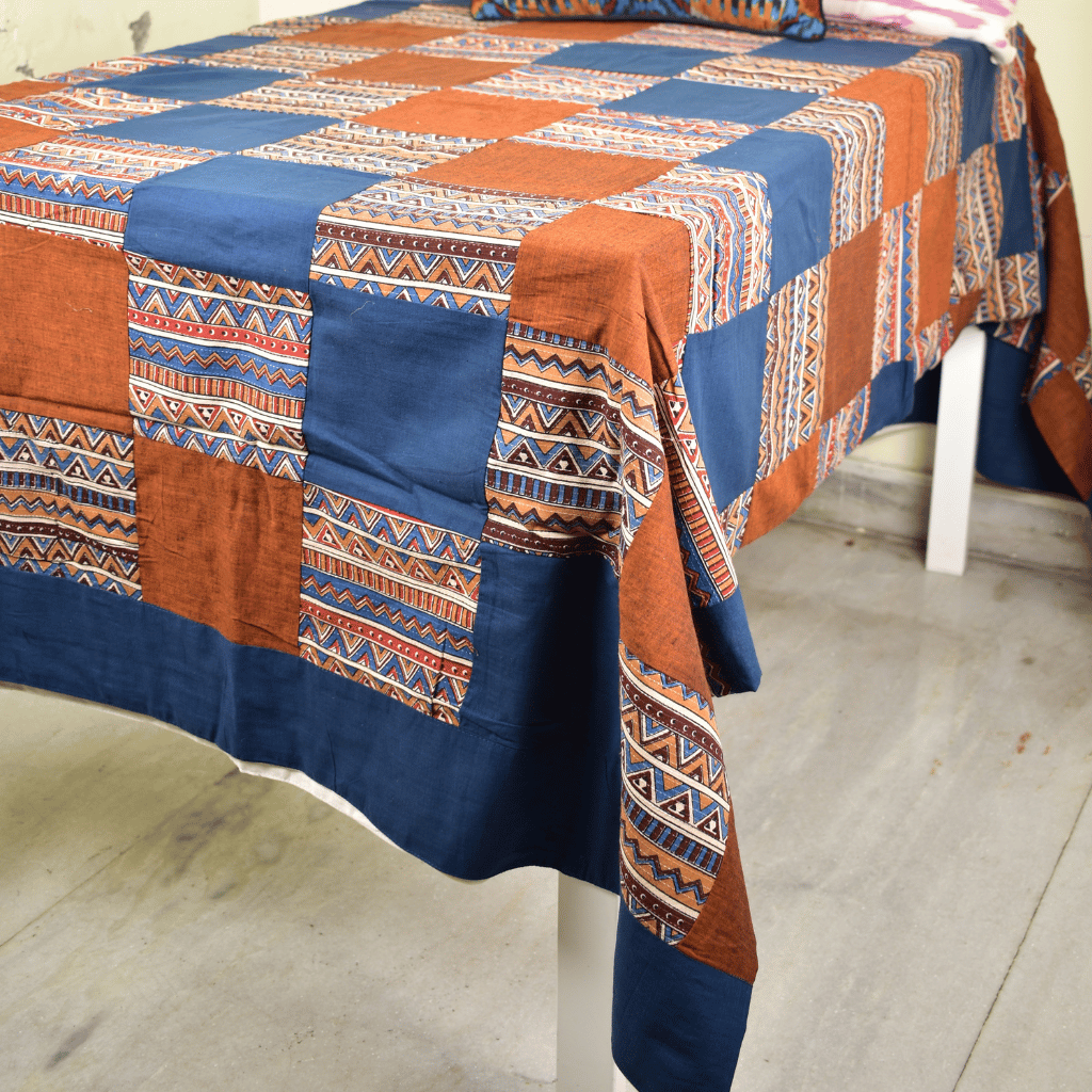 Kalamkari Patchwork Double Bedcover in Blue