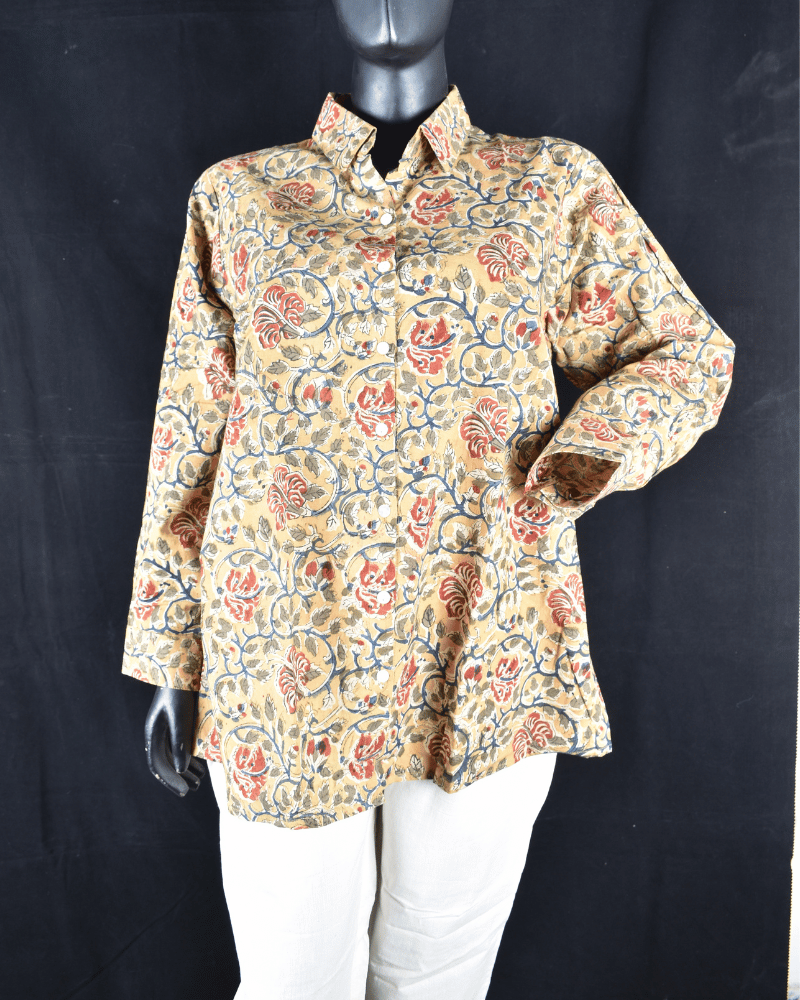 Yellow kalamkari women's shirt-front