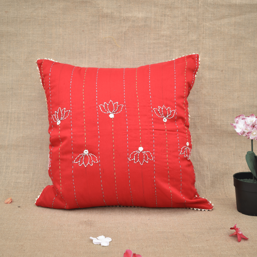 Red Silk Cushion Cover With Lotus Embroidery 