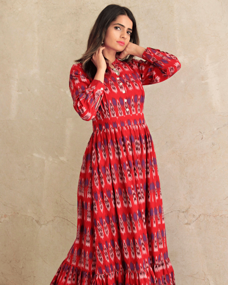 Red & Blue Ikat Printed Maxi Dress with Full Sleeves