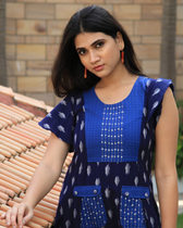 Blue ikat pleated embroidery dress