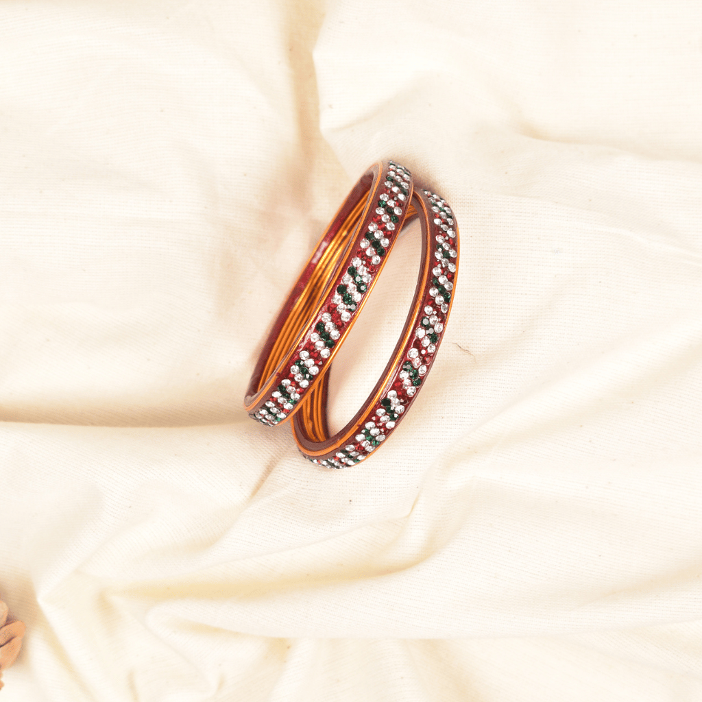 Pair of green & red 3 line stoned lac bangles 