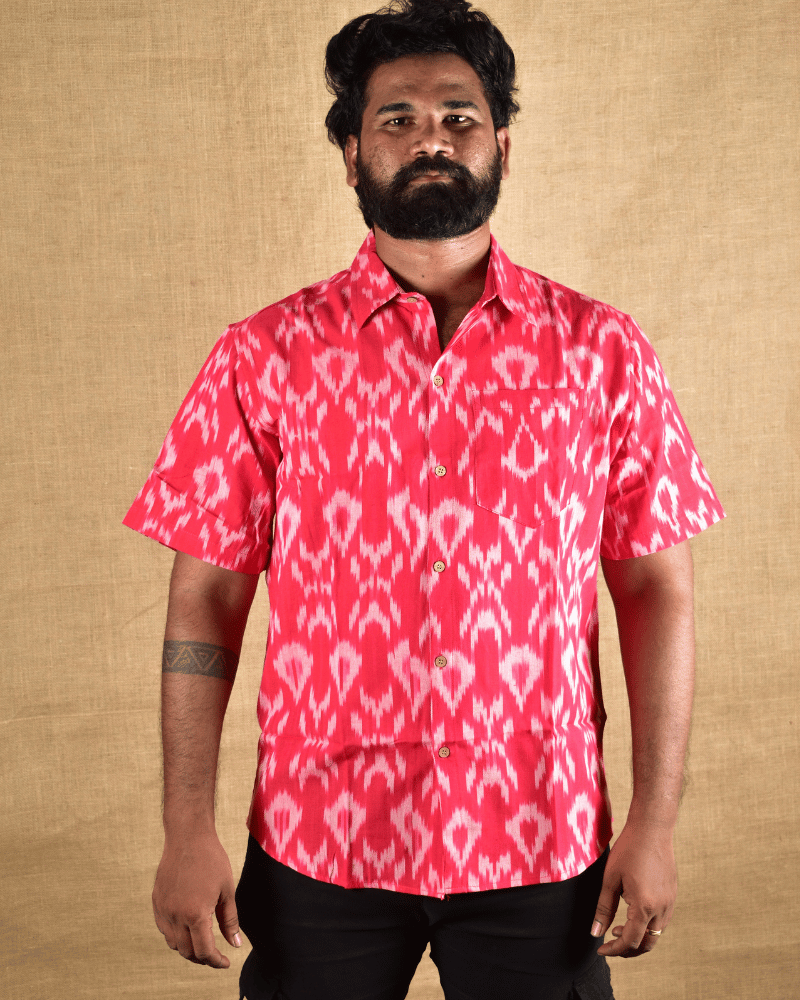 Red Casual Men's Shirt In Ikat cotton - Front