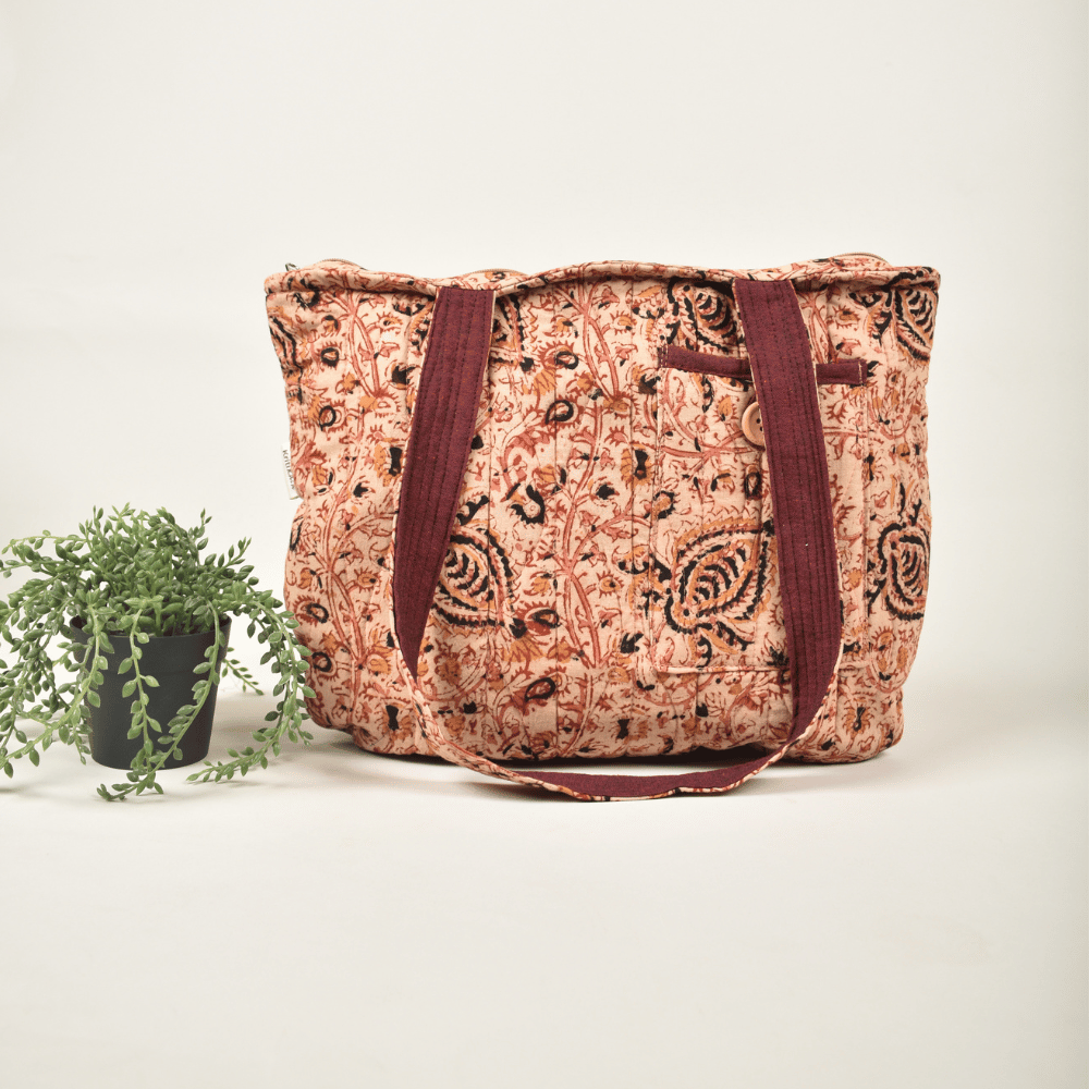 Cream kalamkari quilted flat bag - Front