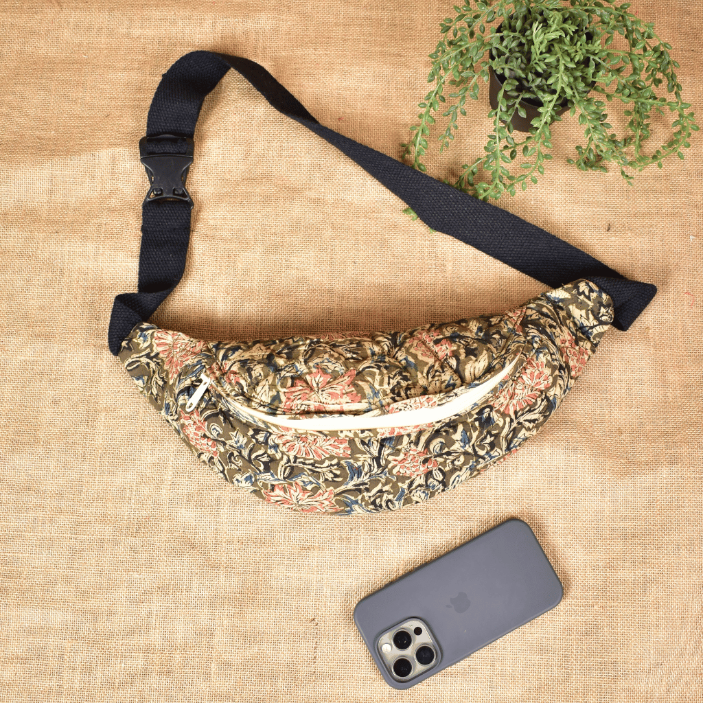 Fanny Bag or Waist Bag in Green Kalamkari - front