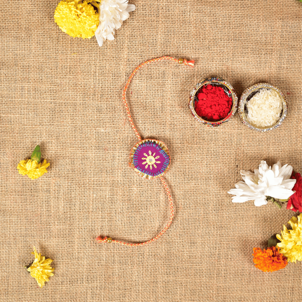 Purple Round Embroidery Handloom Rakhi