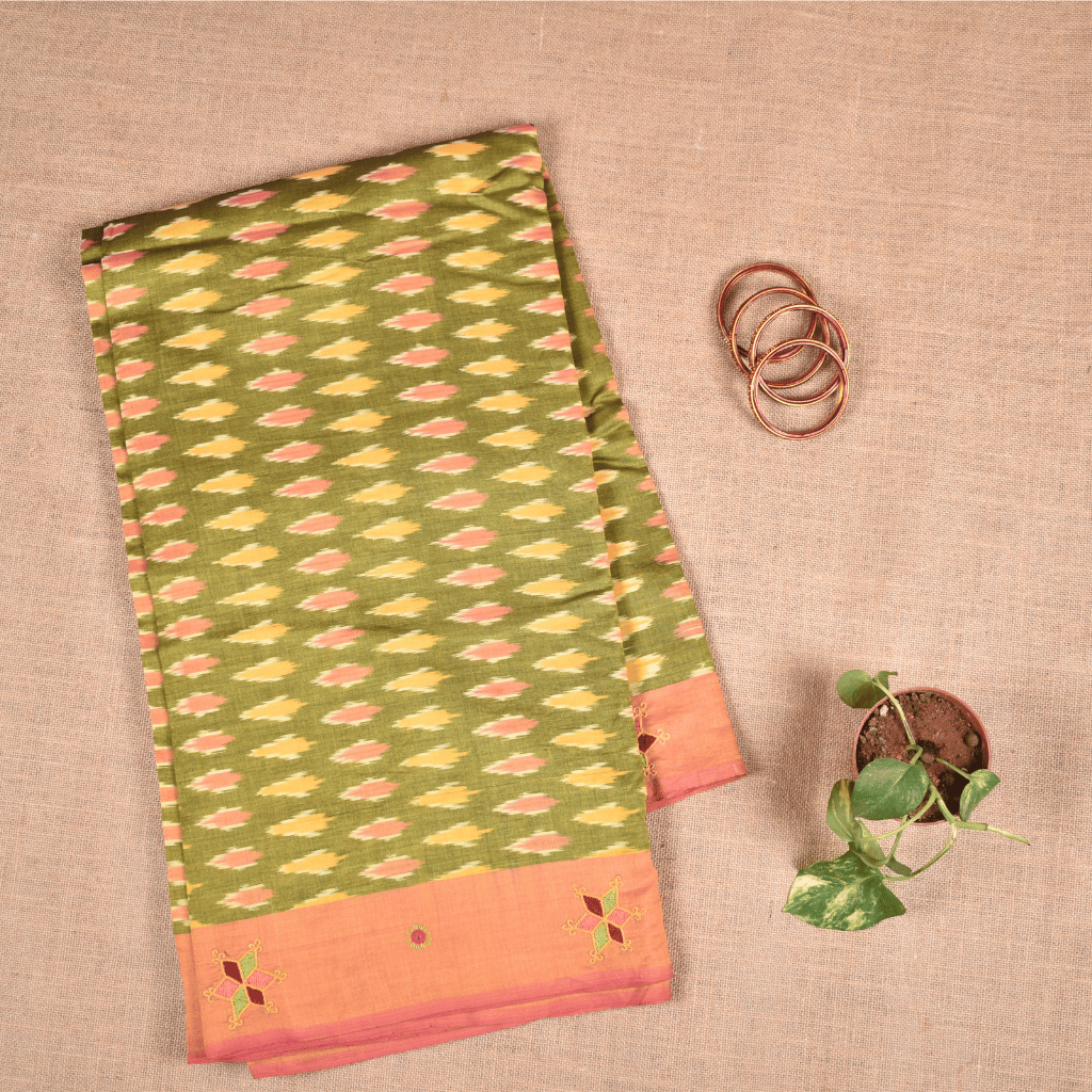 Yellow ikat saree with hand embroidery