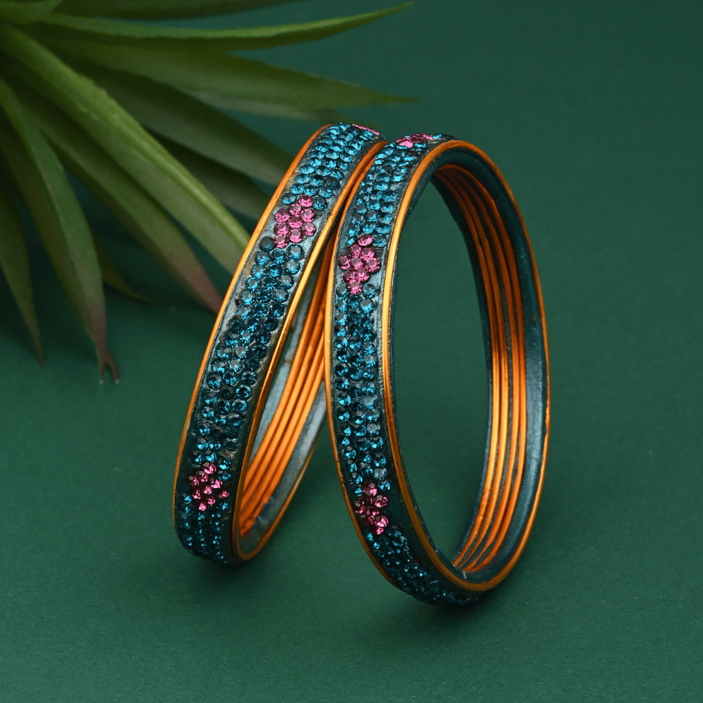 Pair of lac bangles in blue and pink stones - Lac