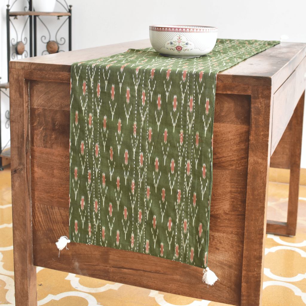 Green silk ikat table runner - tassels