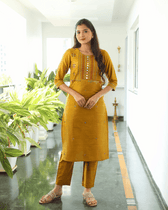 Mustard Yellow Silk Yoke Embroidery Kurta - Kritikala