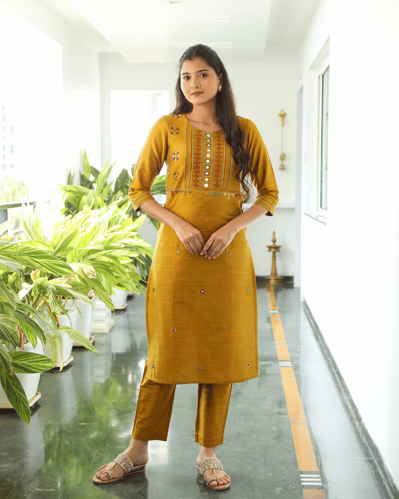 Mustard Yellow Silk Yoke Embroidery Kurta - Kritikala