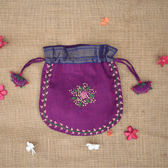 Festive purple potli bag with feather stitch embroidery and handmade tassels