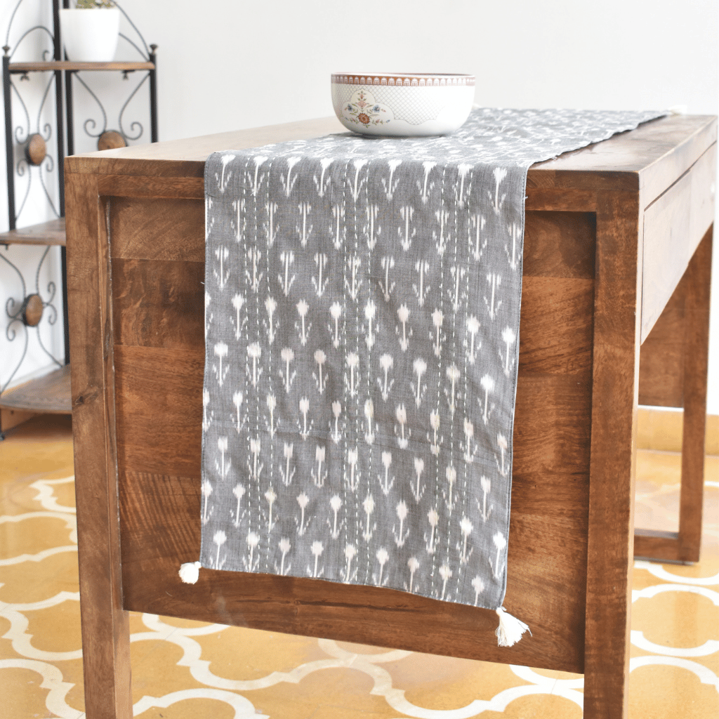 Grey silk ikat table runner - tassels