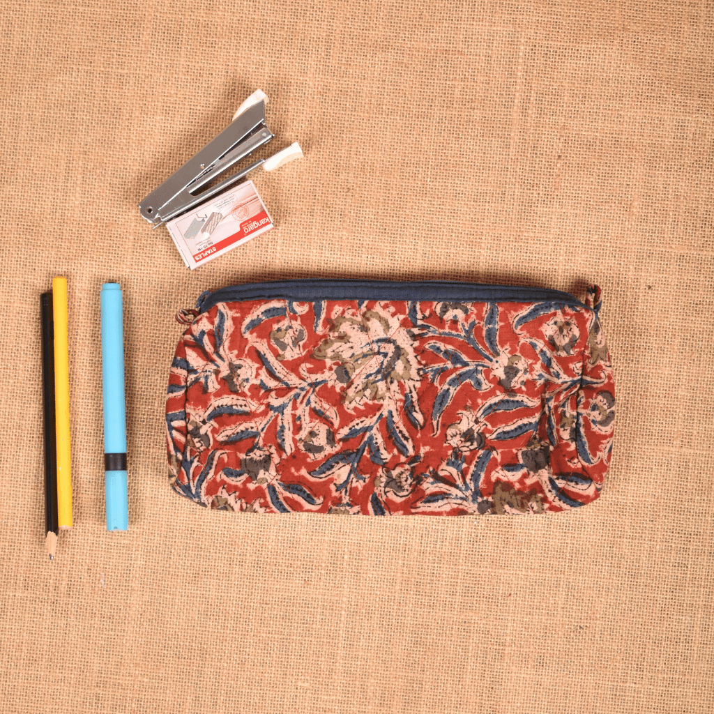 Red kalamkari round quilted case - front
