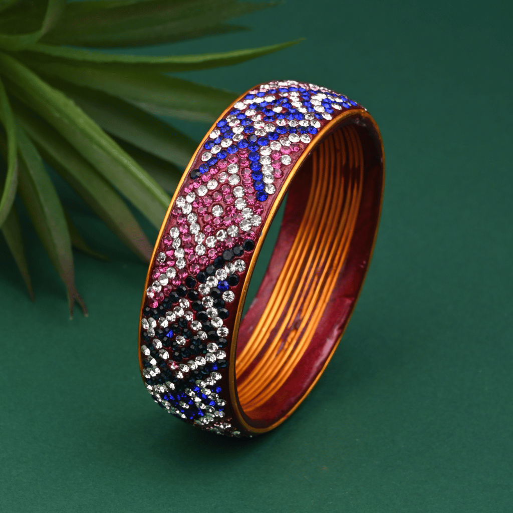 Ethnic blue and pink toned stone studded lac bangle - lac