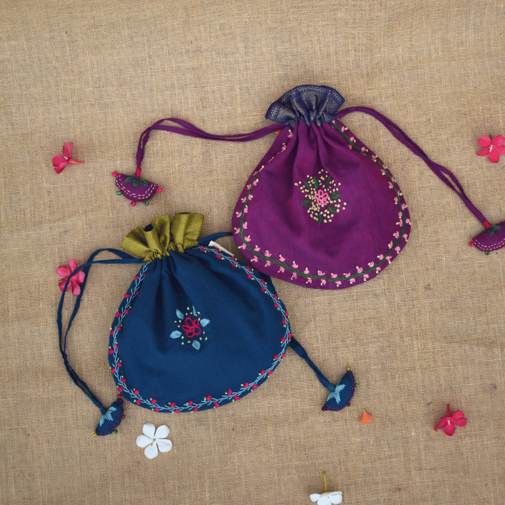 Blue U Shape potli 10x9 with feather stitch embroidery