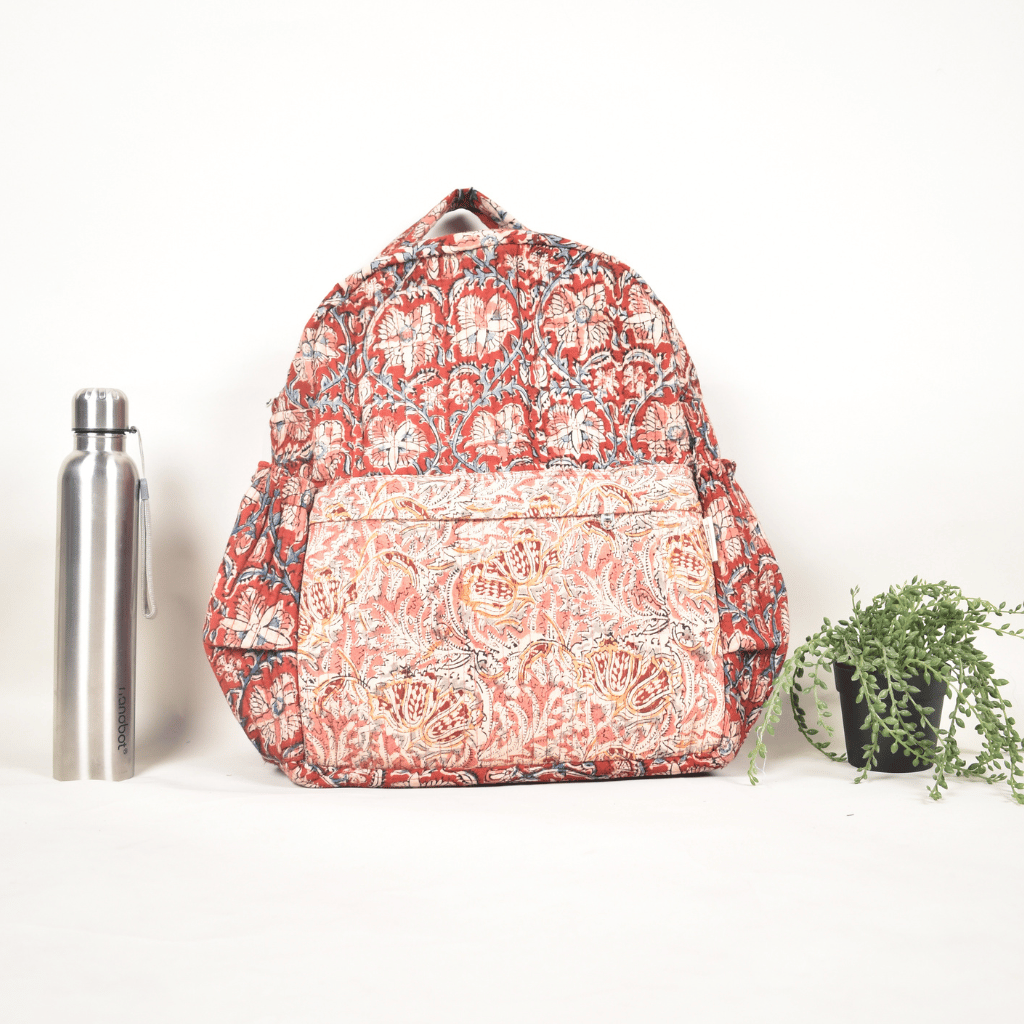 Red & Pink Kalamkari backpack laptop bag - front