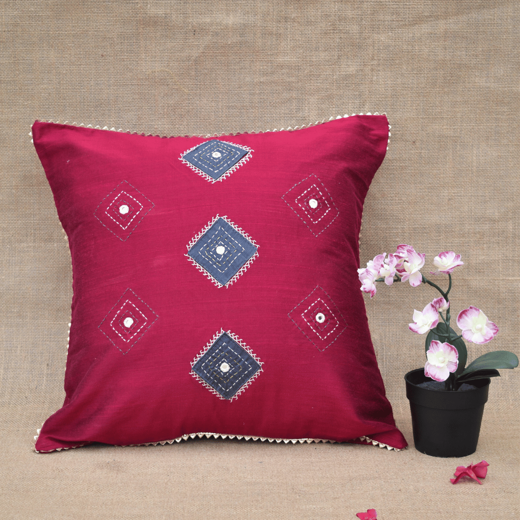 Red Silk Cushion Cover With Mirror Embroidery 