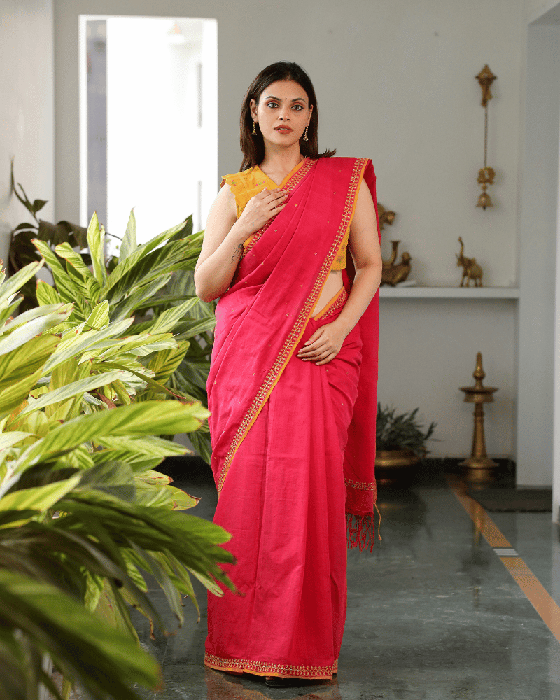 Red Cotton Saree with Hand Embroidery