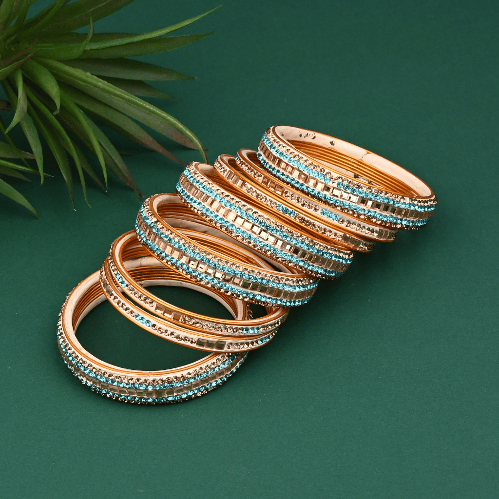 Set of  eight bangles in gold & blue tones - Women