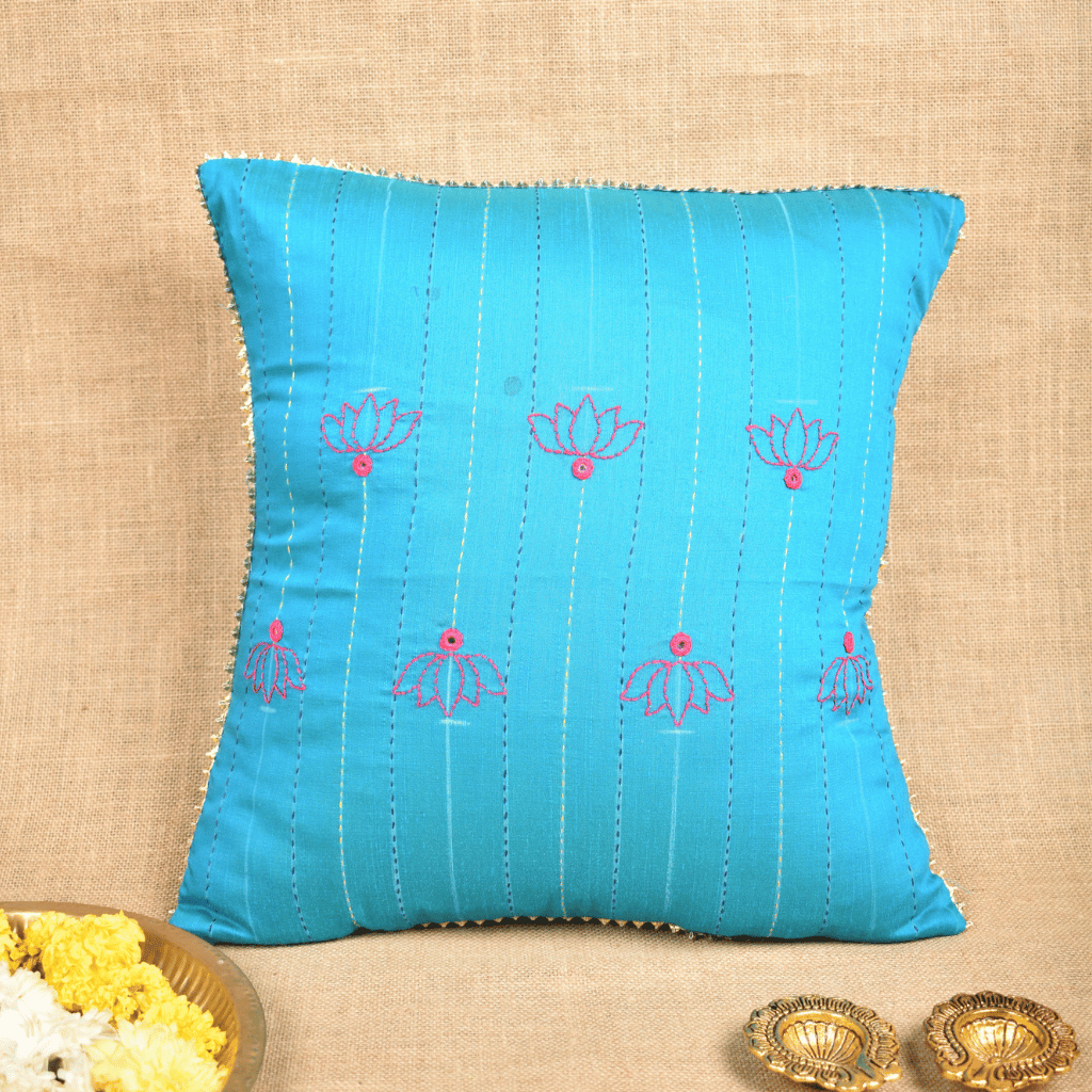 Blue Silk Cushion Cover With Lotus Embroidery