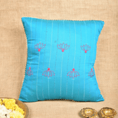 Blue Silk Cushion Cover With Lotus Embroidery