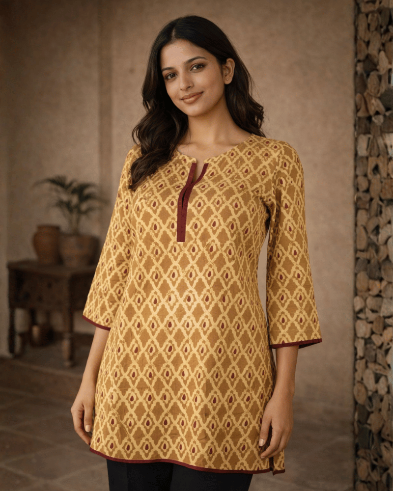 Yellow Kalamkari Short Tunic - Front