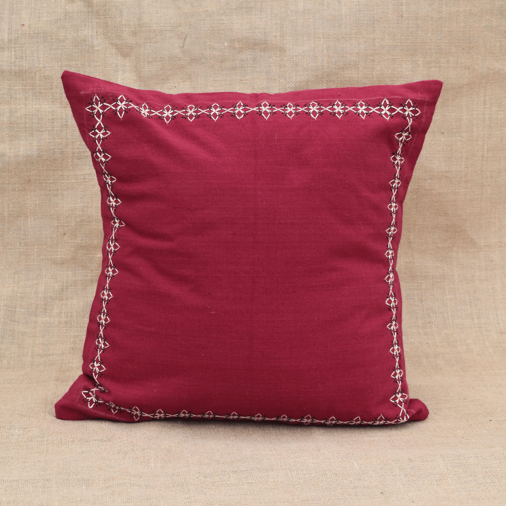 Maroon Embroidered Mangalagiri Cotton Cushion Cover - front