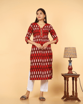 Straight Kurta in Red Ikat Cotton - embroidery