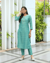 Teal Straight Fit Mercerized Ikat Printed Kurta - front