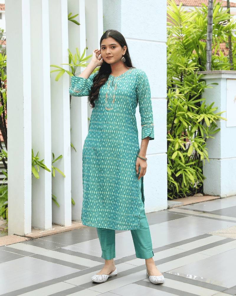 Teal Straight Fit Mercerized Ikat Printed Kurta - front