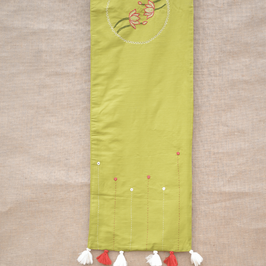 Green Silk lotus embroidery festive table runner 