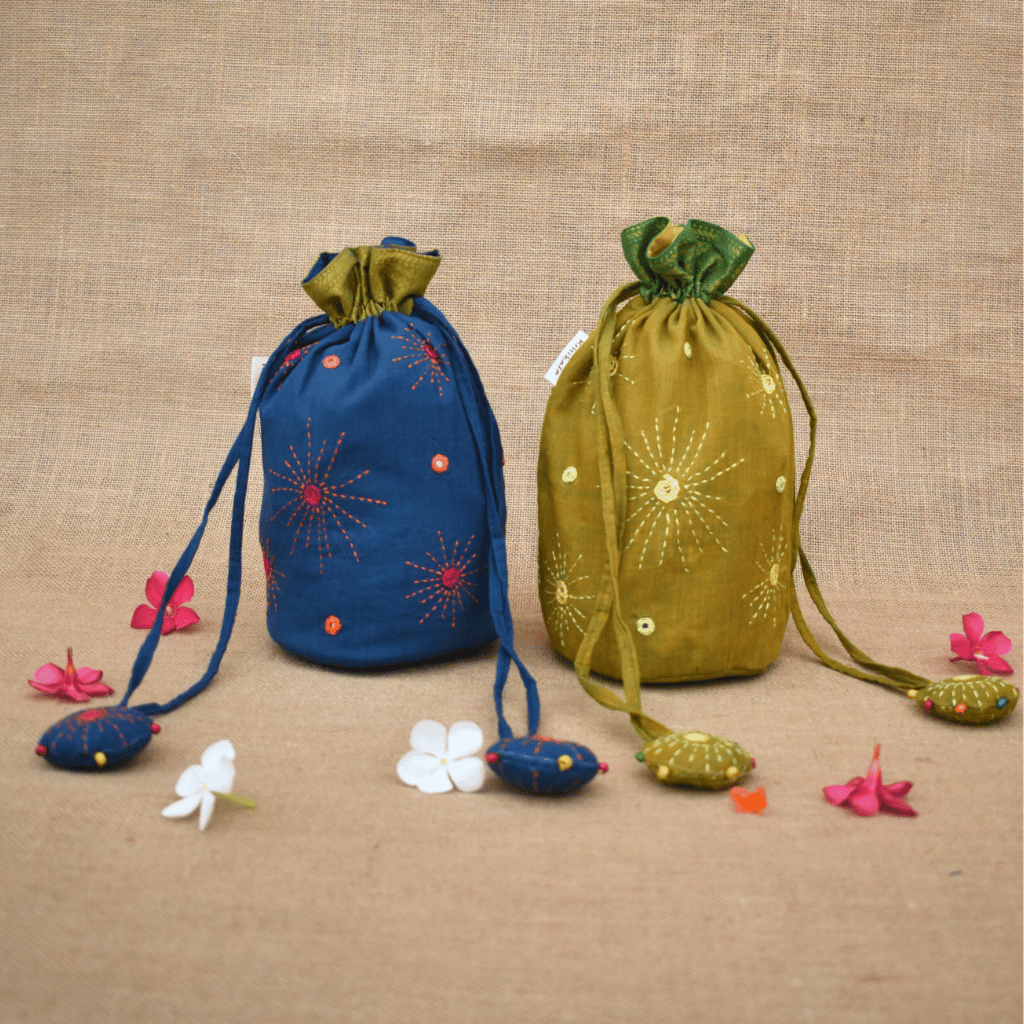 Blue cylindrical potli 10x8 with mirror embroidery