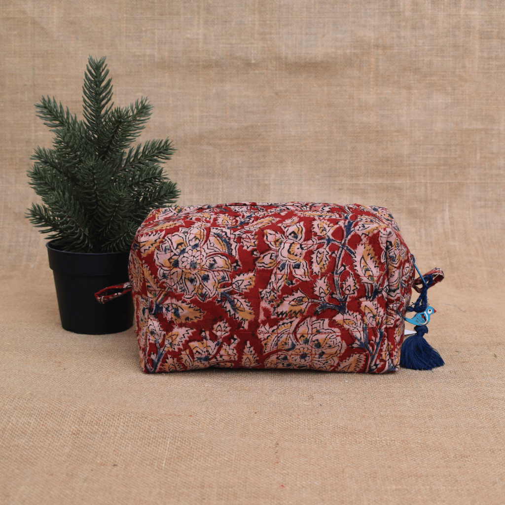 Red kalamkari travel cosmetic bag - front