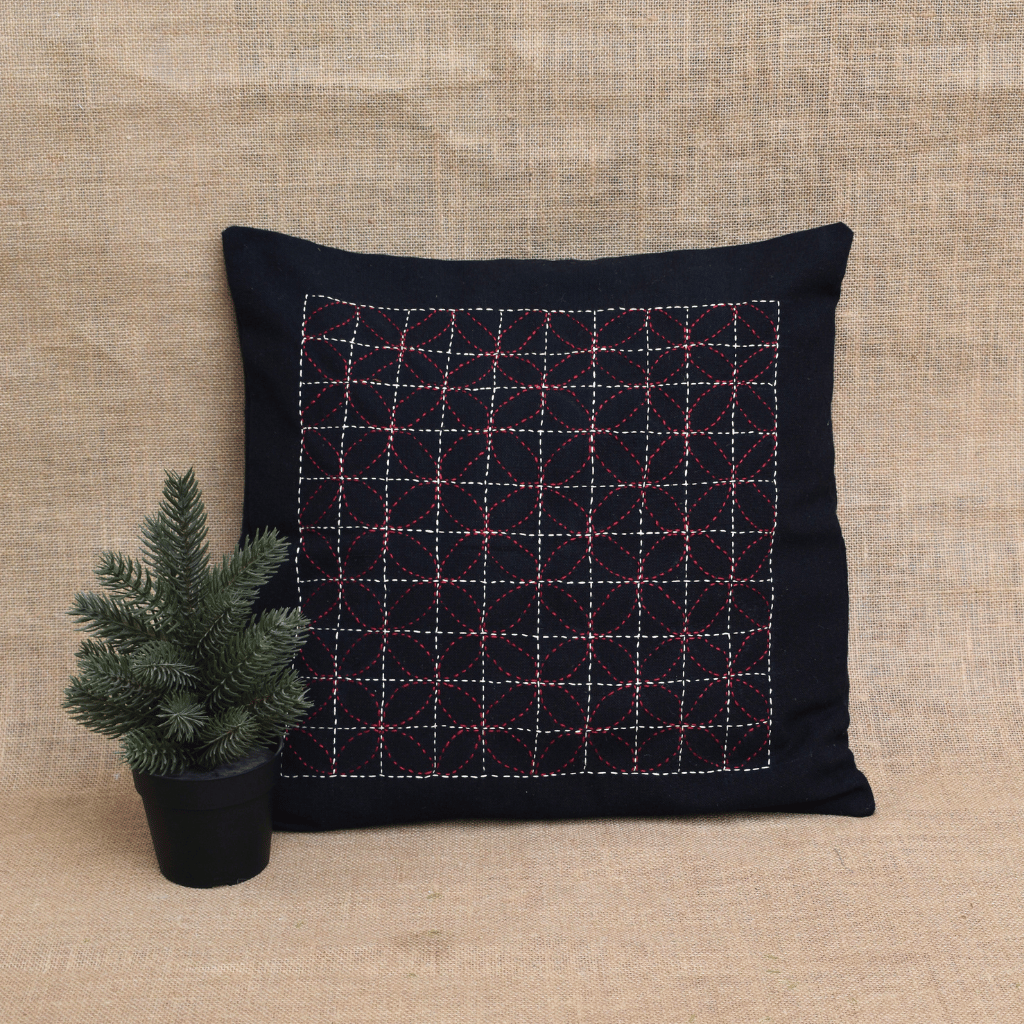 Black Geometric Embroidered Cotton Cushion Cover – 16 x 16 Inches