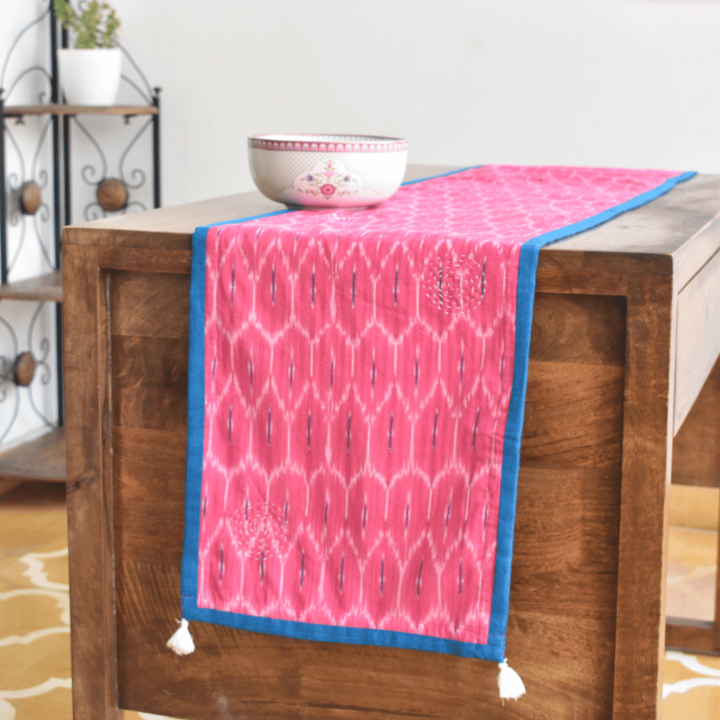 Blue and pink ikat reversible table runner with kantha embroidery