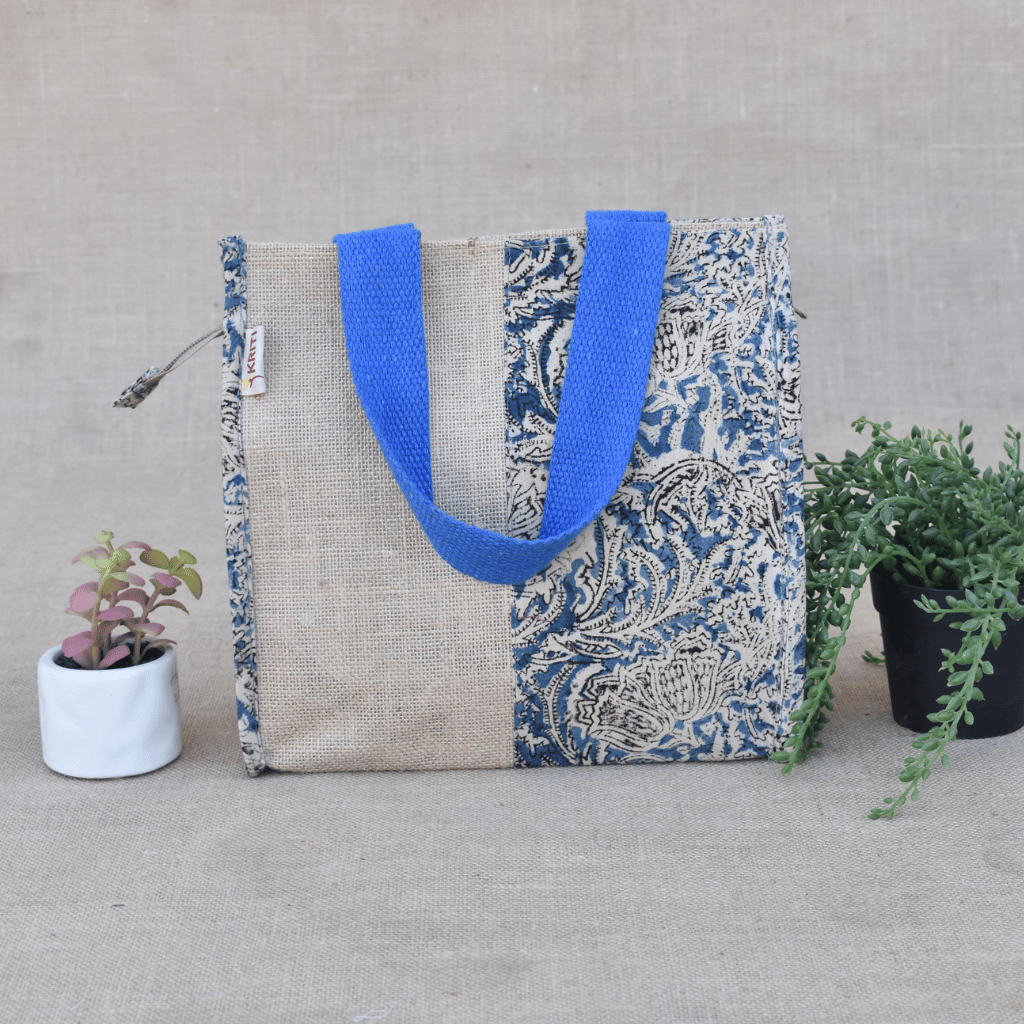 Blue Kalamkari and Jute Lunch Bag