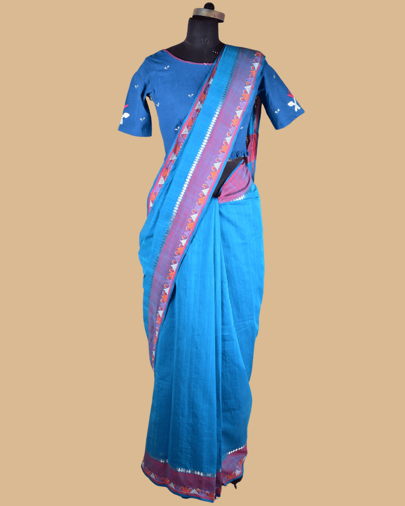 Sky Blue Cotton Saree with Hand Embroidery