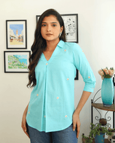 Embroidered short top in Blue cotton