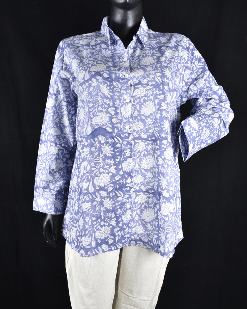 Blue block print women's shirt - front