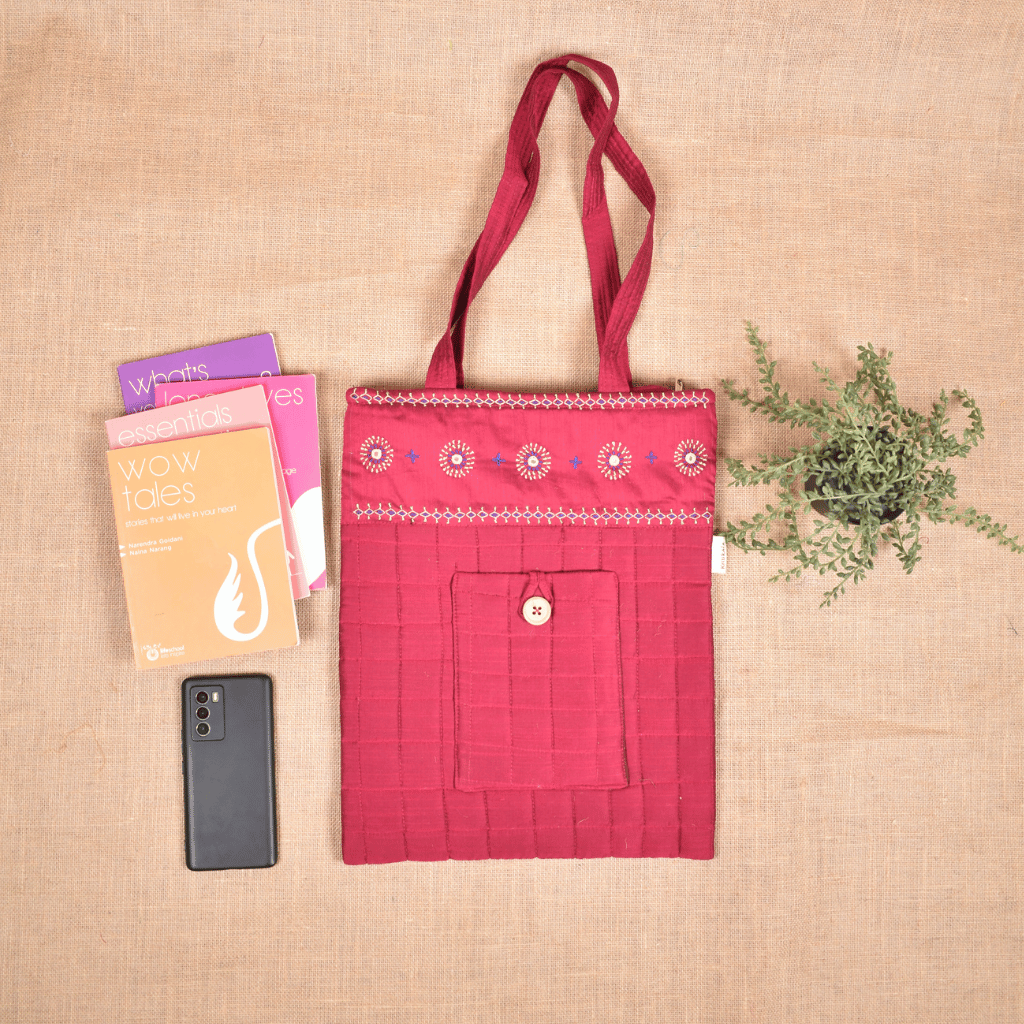 Maroon silk embroidered tote bag - Front