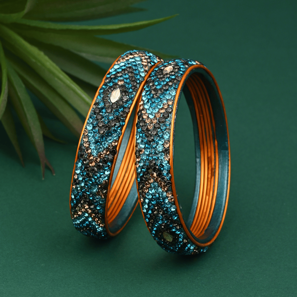 Pair of broad Lac Bangles in Blue and Black tones - Women