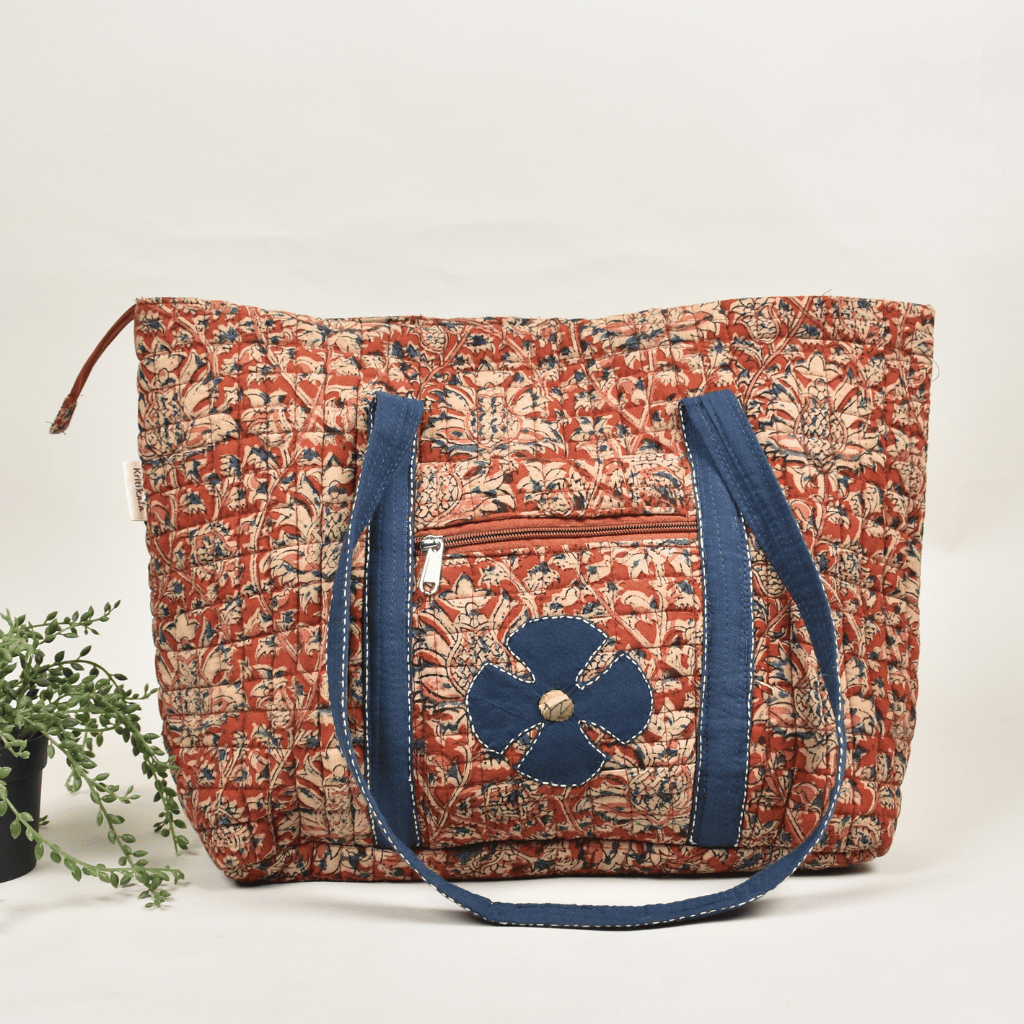 Quilted Red Kalamkari Large Tote Bag - front