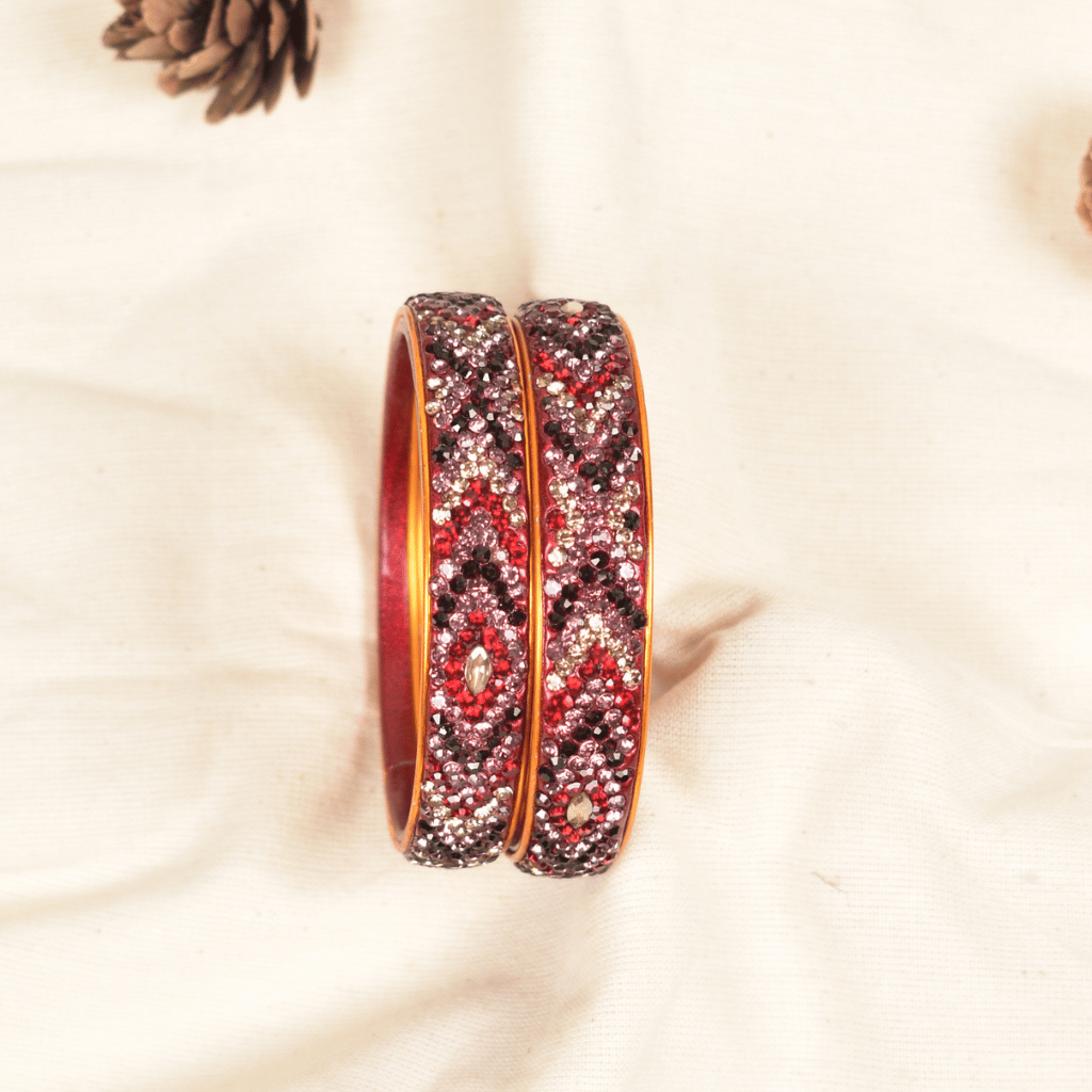 Pair of maroon & pink 5 line stoned lac bangles - glittery stones