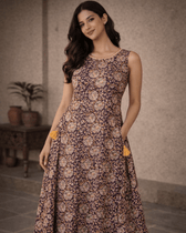 Brown Floral Kalamkari Long Dress With a Boat Neck - Front