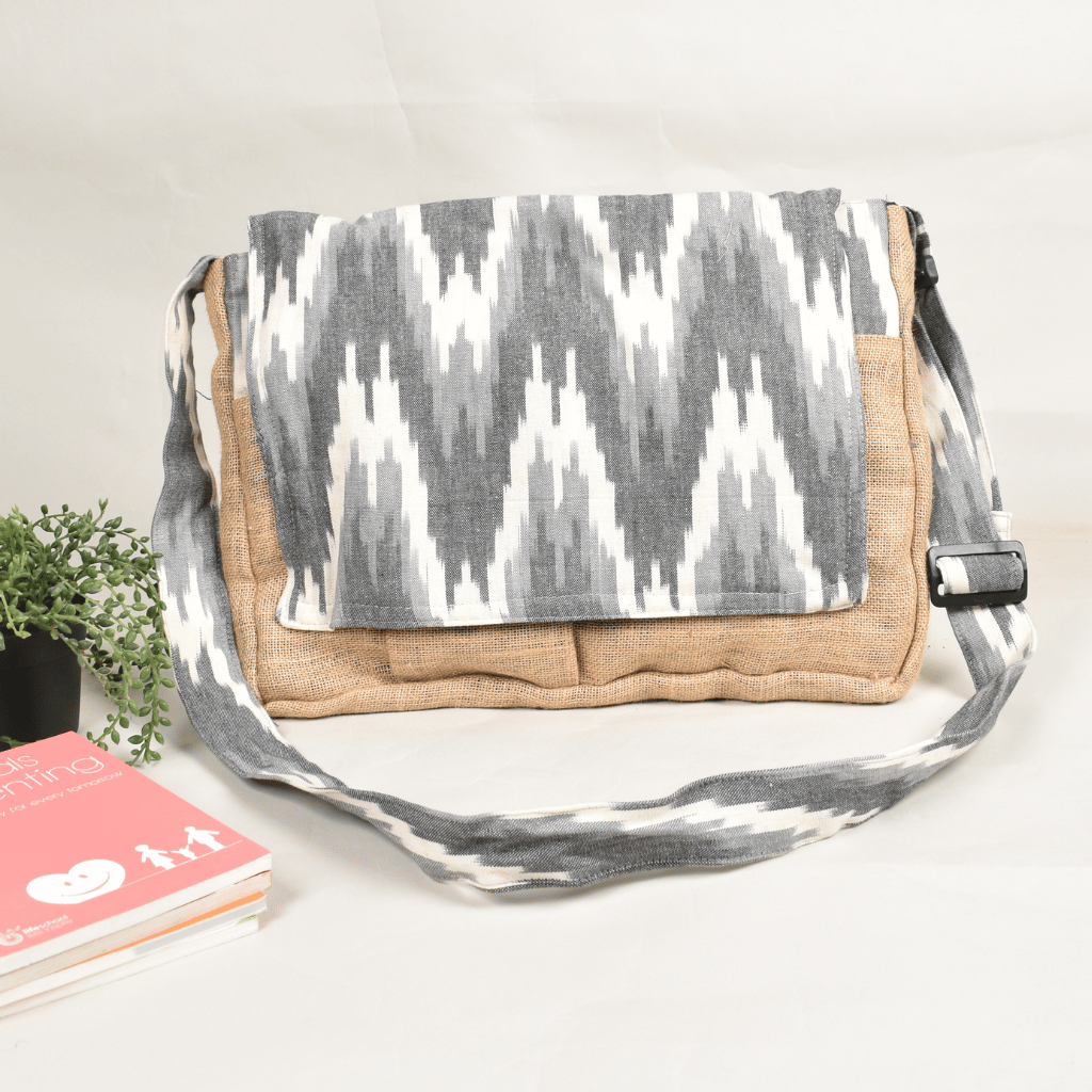 Cross body grey ikat laptop bag - front