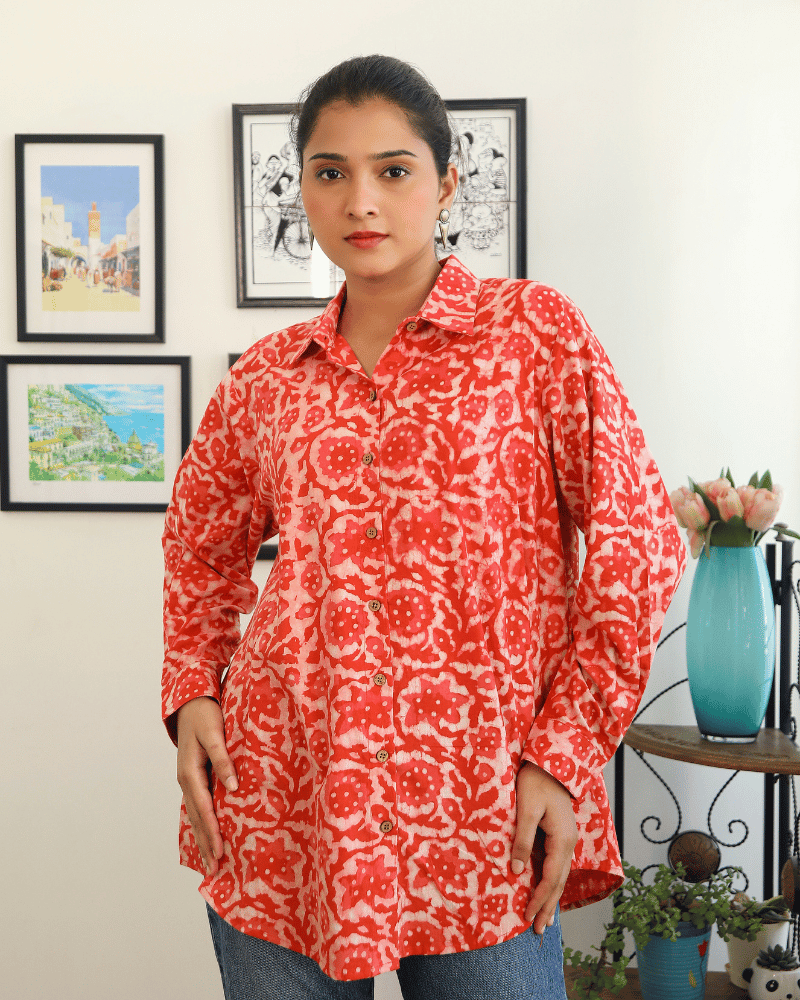 Stylish Women’s Orange Kalamkari Cotton Shirt - front